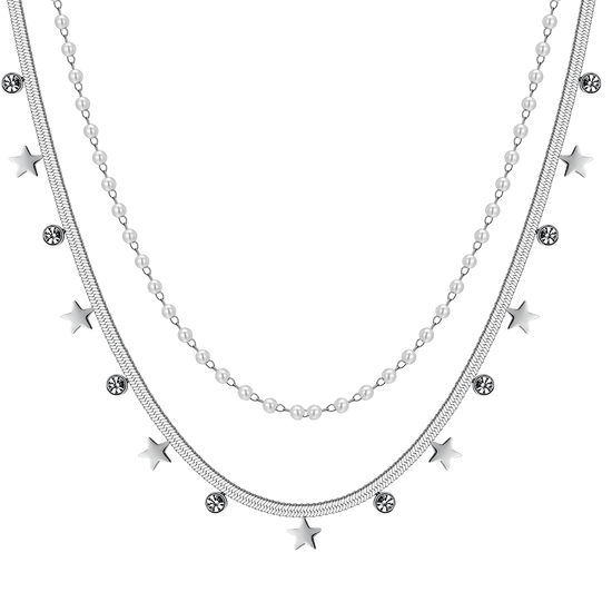 COLLAR DE ACERO PARA MUJER CON PERLAS BLANCAS, ESTRELLAS Y CRISTALES