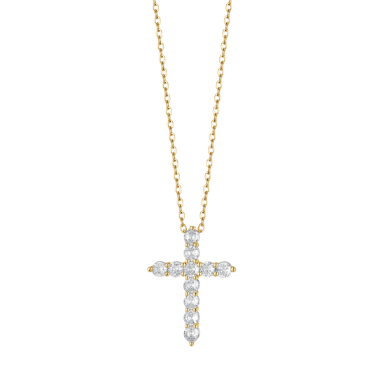 IP COLLAR DE ACERO DORADO PARA MUJER CON CRUZ CON CRISTALES BLANCOS