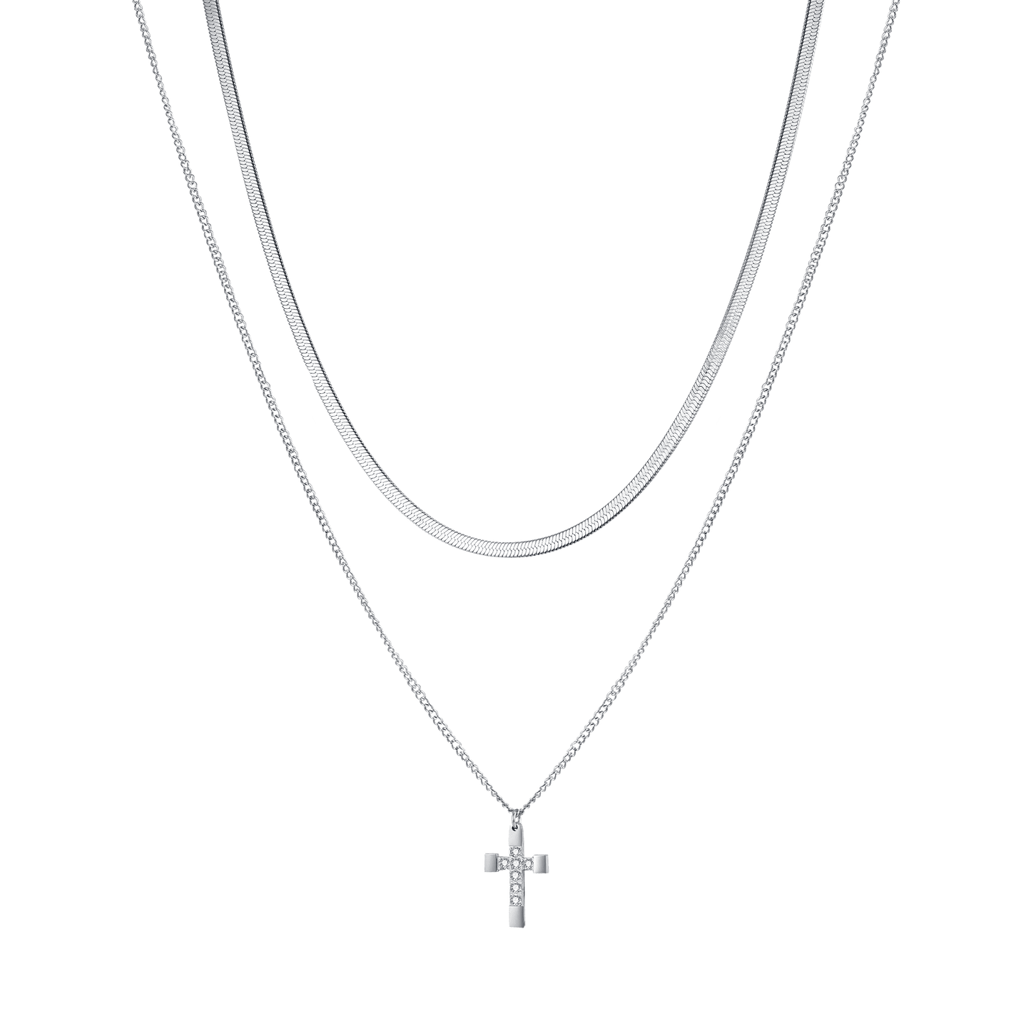 COLLAR CRUZ DE ACERO PARA MUJER CON CRISTALES BLANCOS