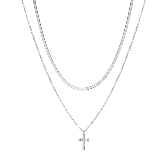 COLLAR CRUZ DE ACERO PARA MUJER CON CRISTALES BLANCOS