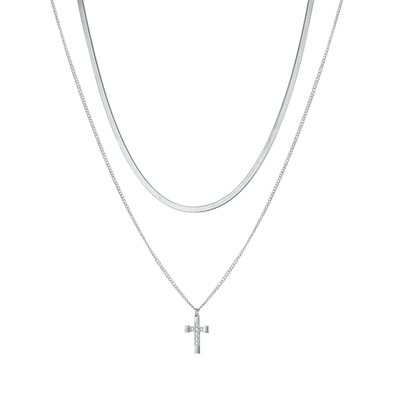 COLLAR CRUZ DE ACERO PARA MUJER CON CRISTALES BLANCOS