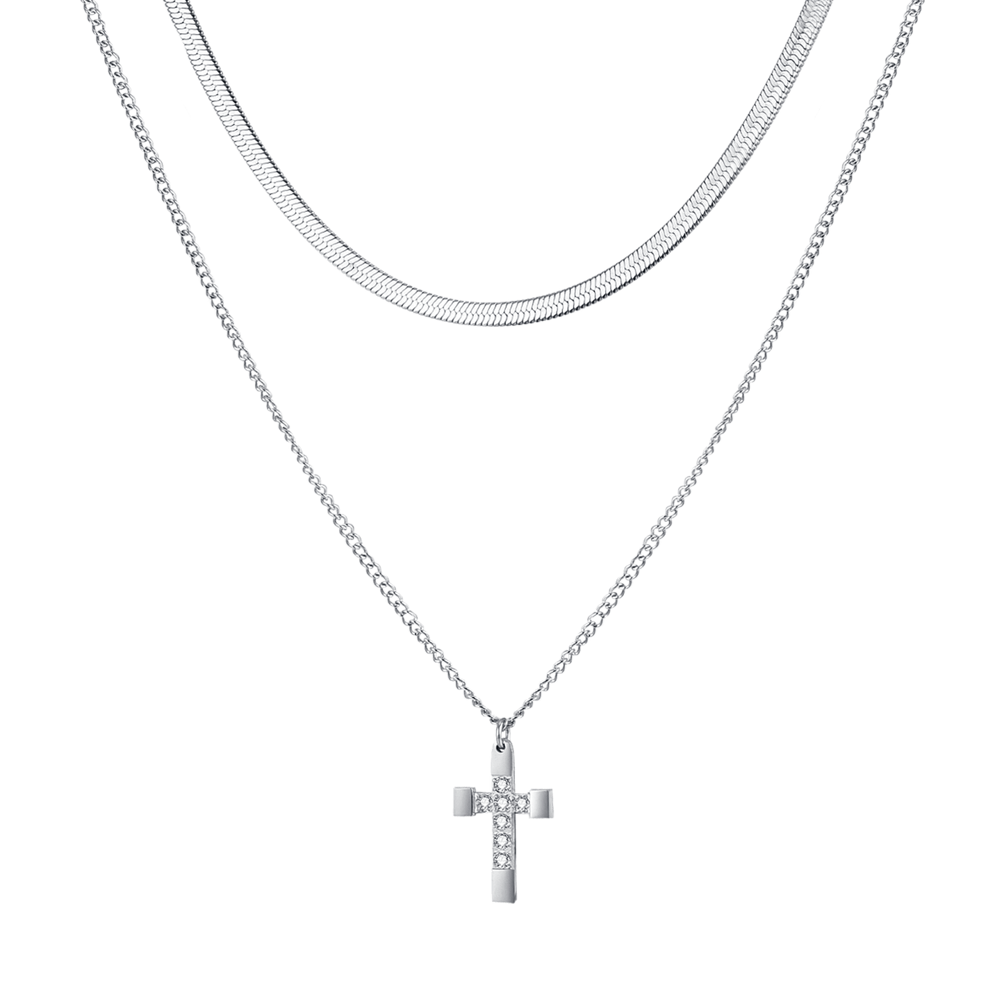 COLLAR CRUZ DE ACERO PARA MUJER CON CRISTALES BLANCOS