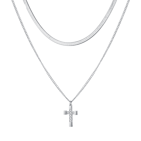 COLLAR CRUZ DE ACERO PARA MUJER CON CRISTALES BLANCOS