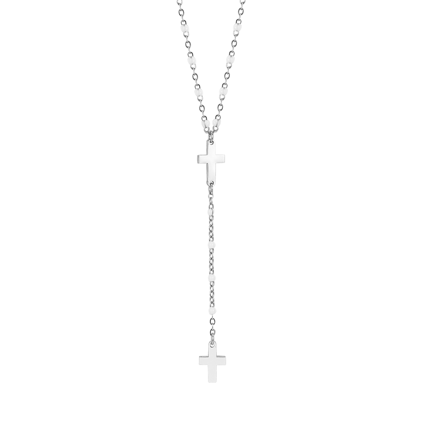 COLLAR ROSARIO DE ACERO PARA MUJER CON CRUCES Y ELEMENTOS BLANCOS