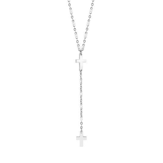 COLLAR ROSARIO DE ACERO PARA MUJER CON CRUCES Y ELEMENTOS BLANCOS