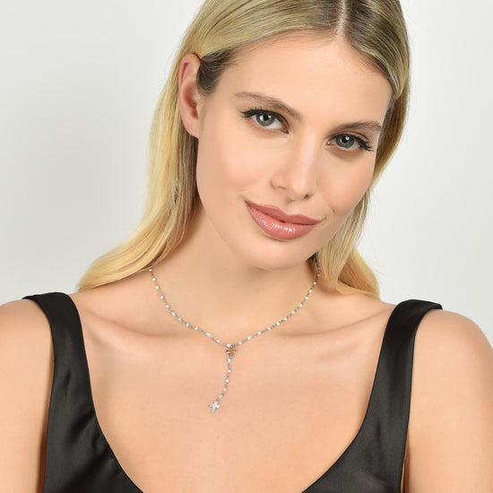 COLLAR ROSARIO DE ACERO PARA MUJER CON CRUCES Y ELEMENTOS BLANCOS