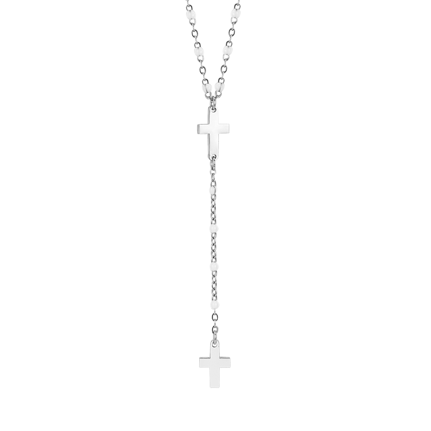 COLLAR ROSARIO DE ACERO PARA MUJER CON CRUCES Y ELEMENTOS BLANCOS