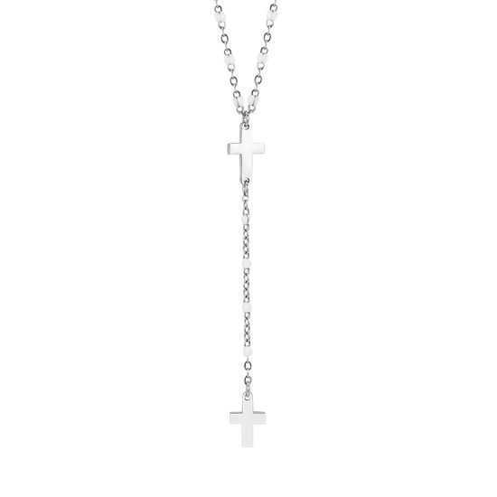 COLLAR ROSARIO DE ACERO PARA MUJER CON CRUCES Y ELEMENTOS BLANCOS