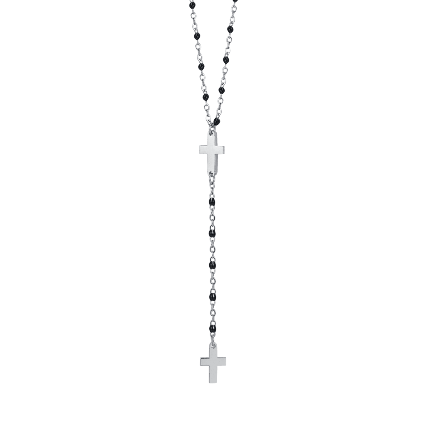 COLLAR ROSARIO DE ACERO PARA MUJER CON CRUCES Y ELEMENTOS NEGROS