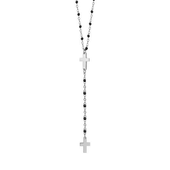 COLLAR ROSARIO DE ACERO PARA MUJER CON CRUCES Y ELEMENTOS NEGROS