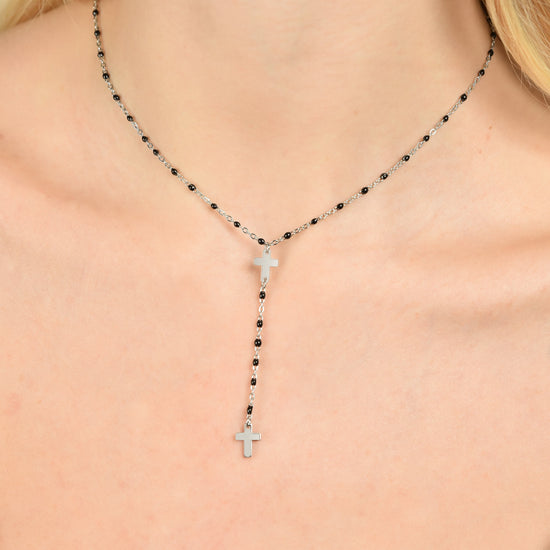 COLLAR ROSARIO DE ACERO PARA MUJER CON CRUCES Y ELEMENTOS NEGROS