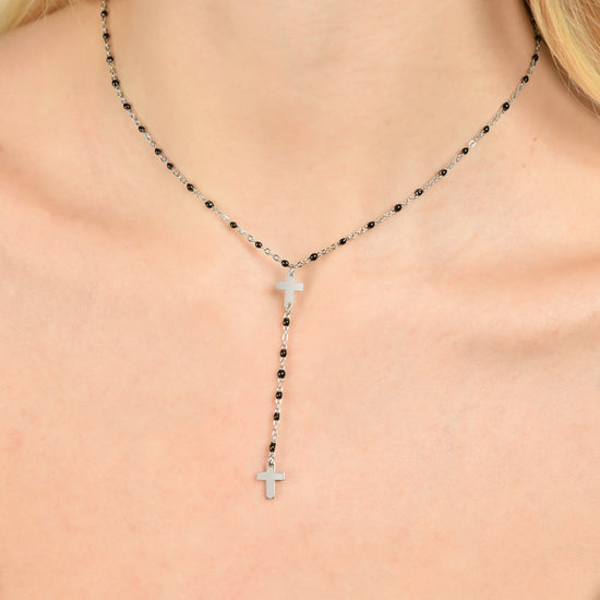 COLLAR ROSARIO DE ACERO PARA MUJER CON CRUCES Y ELEMENTOS NEGROS