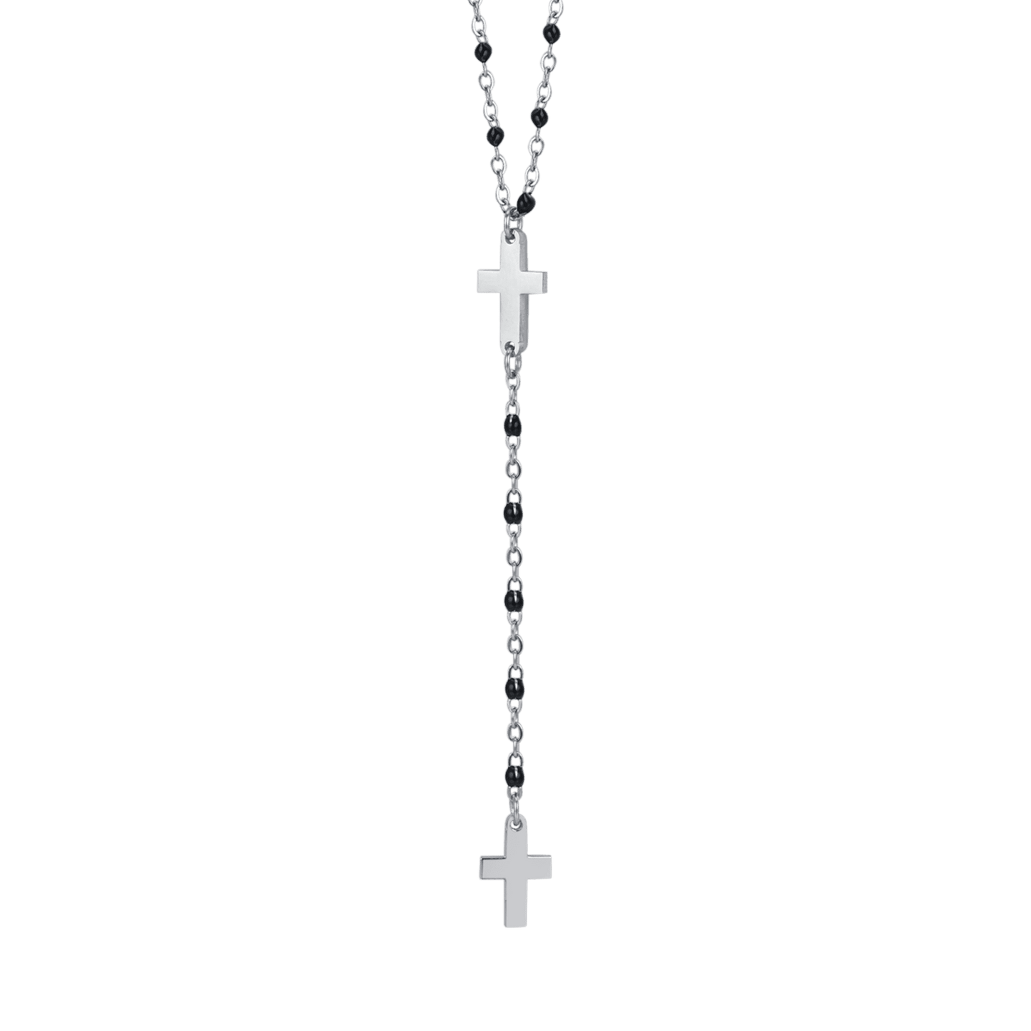 COLLAR ROSARIO DE ACERO PARA MUJER CON CRUCES Y ELEMENTOS NEGROS