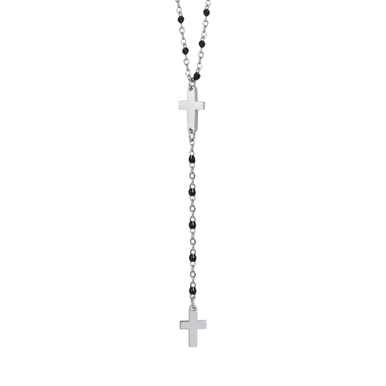 COLLAR ROSARIO DE ACERO PARA MUJER CON CRUCES Y ELEMENTOS NEGROS