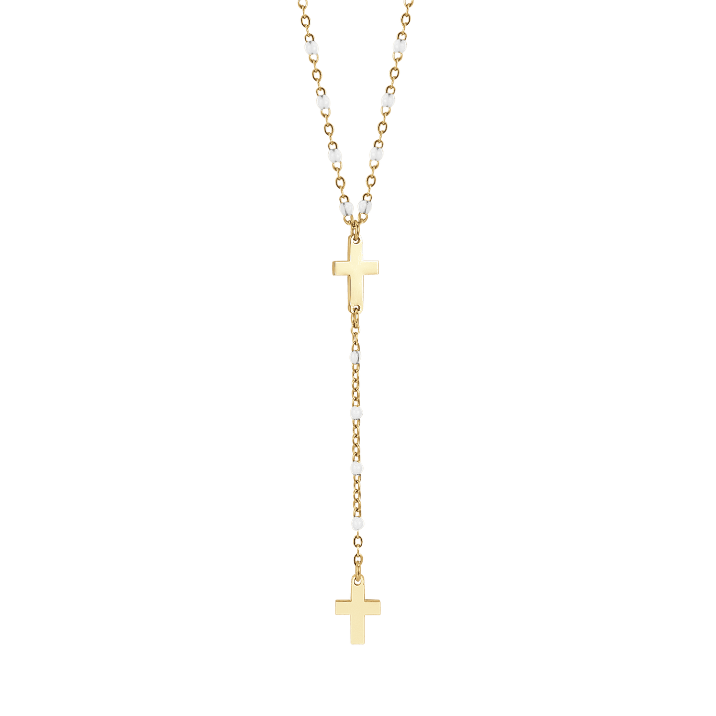 IP COLLAR ROSARIO DE ACERO DORADO PARA MUJER CON CRUCES Y ELEMENTOS BLANCOS