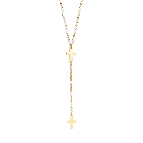 IP COLLAR ROSARIO DE ACERO DORADO PARA MUJER CON CRUCES Y ELEMENTOS BLANCOS