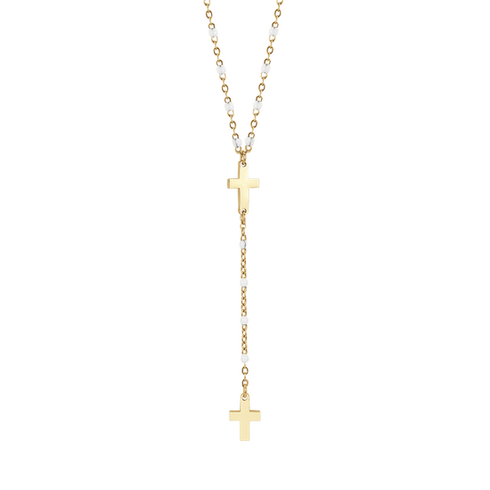 IP COLLAR ROSARIO DE ACERO DORADO PARA MUJER CON CRUCES Y ELEMENTOS BLANCOS