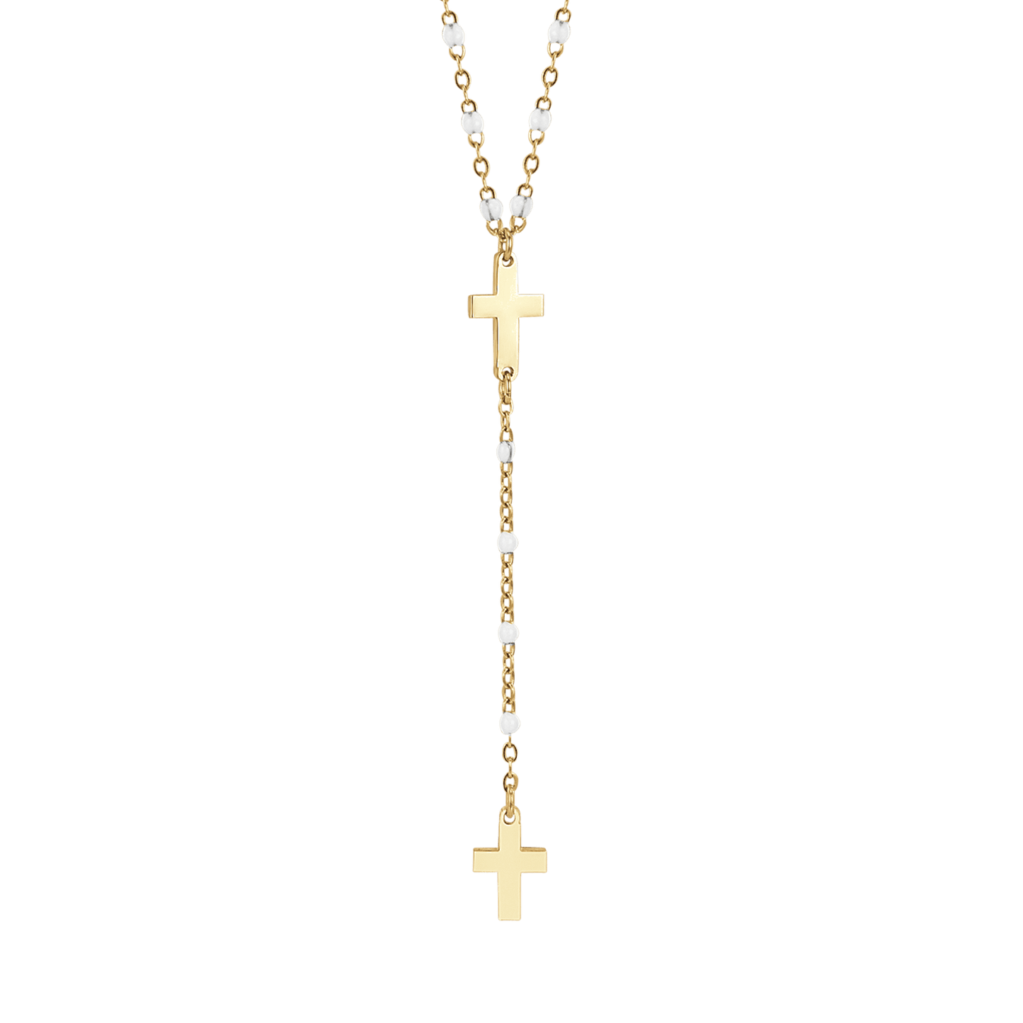IP COLLAR ROSARIO DE ACERO DORADO PARA MUJER CON CRUCES Y ELEMENTOS BLANCOS