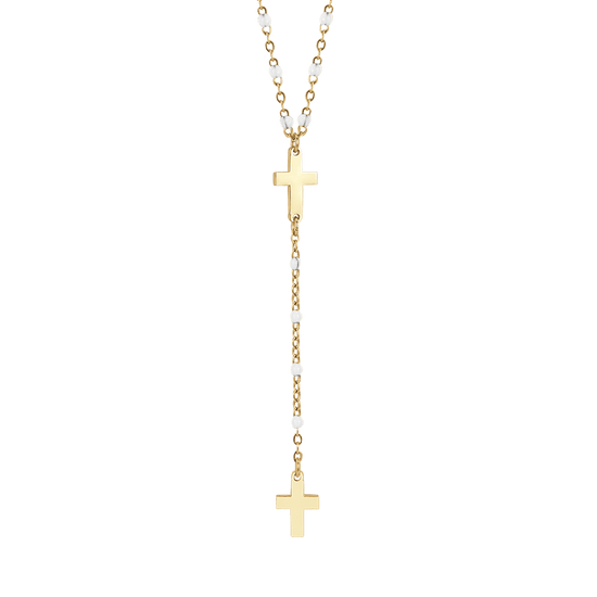 IP COLLAR ROSARIO DE ACERO DORADO PARA MUJER CON CRUCES Y ELEMENTOS BLANCOS