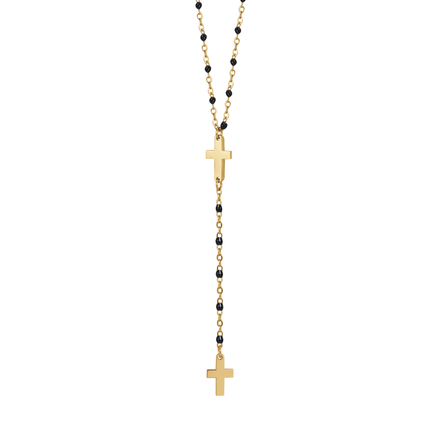 COLLAR ROSARIO DE ACERO PARA MUJER CON CRUCES Y ELEMENTOS NEGROS