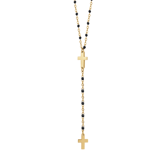 COLLAR ROSARIO DE ACERO PARA MUJER CON CRUCES Y ELEMENTOS NEGROS