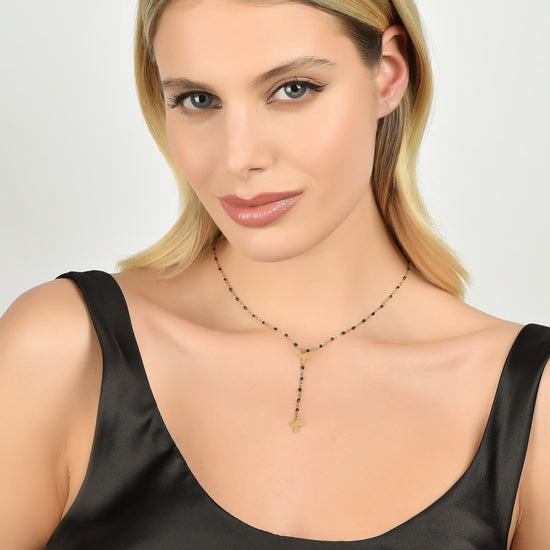 COLLAR ROSARIO DE ACERO PARA MUJER CON CRUCES Y ELEMENTOS NEGROS