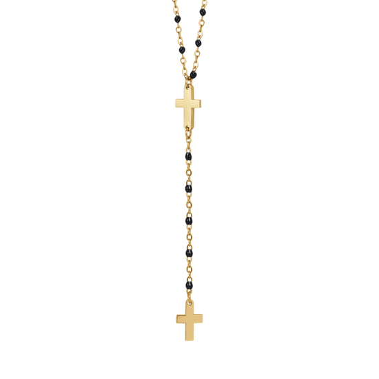 COLLAR ROSARIO DE ACERO PARA MUJER CON CRUCES Y ELEMENTOS NEGROS