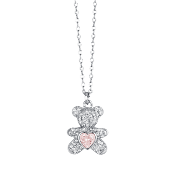 COLLAR DE ACERO PARA MUJER CON OSITO DE PELUCHE CON CRISTALES ROSAS Y BLANCOS