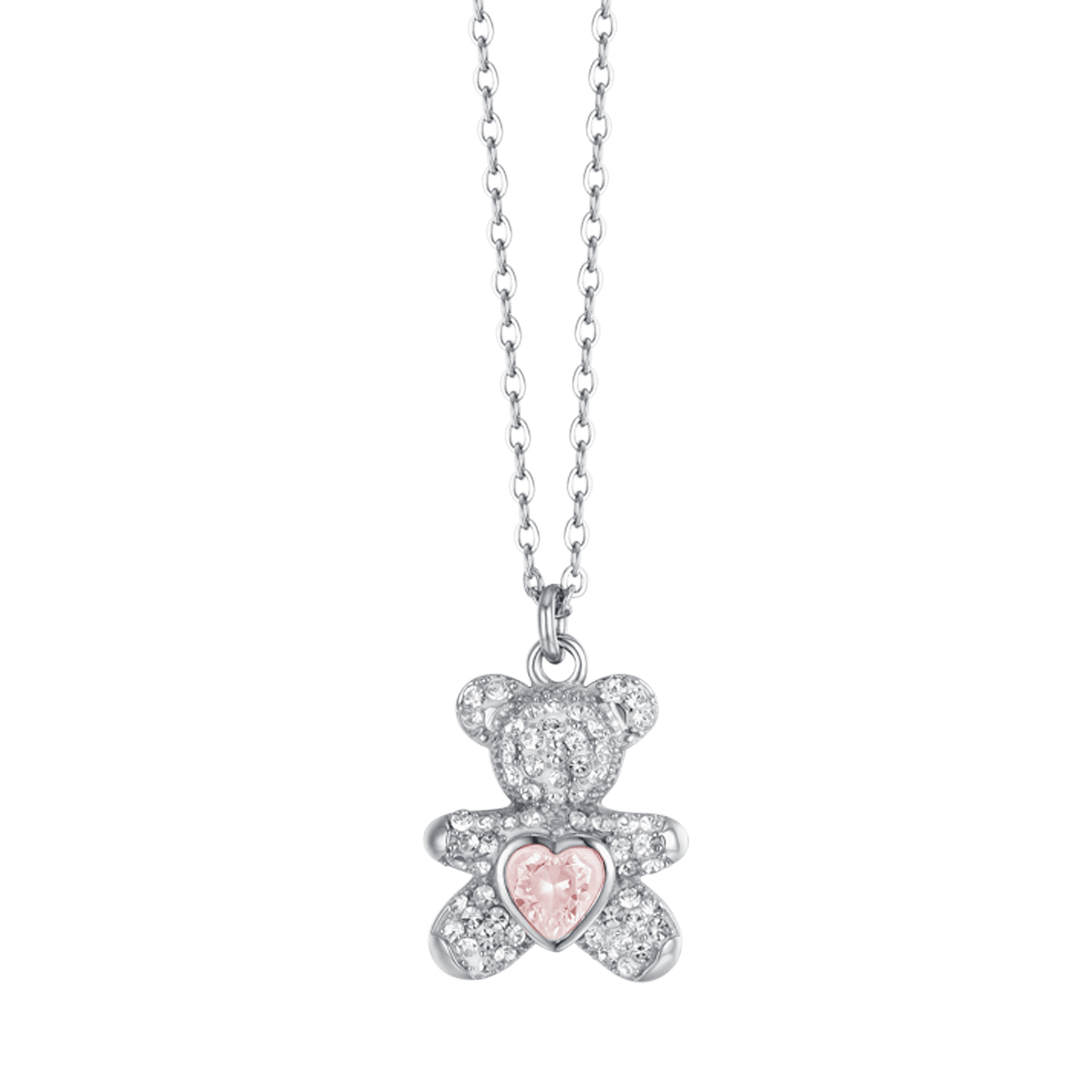 COLLAR DE ACERO PARA MUJER CON OSITO DE PELUCHE CON CRISTALES ROSAS Y BLANCOS