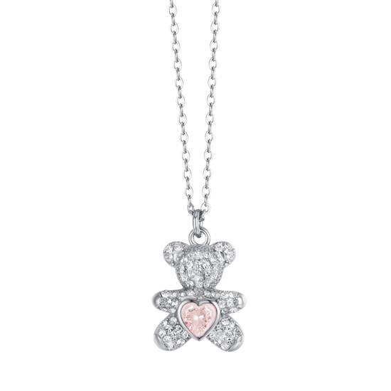 COLLAR DE ACERO PARA MUJER CON OSITO DE PELUCHE CON CRISTALES ROSAS Y BLANCOS