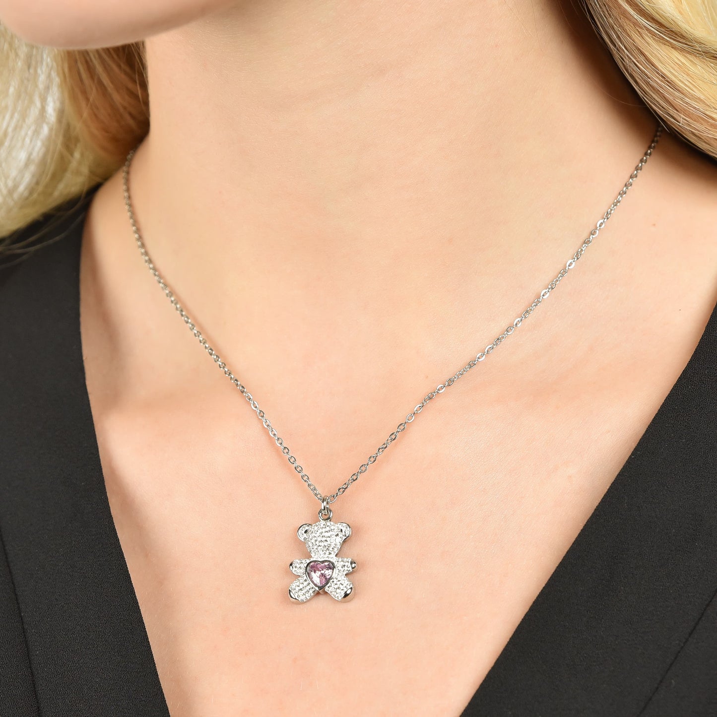 COLLAR DE ACERO PARA MUJER CON OSITO DE PELUCHE CON CRISTALES ROSAS Y BLANCOS