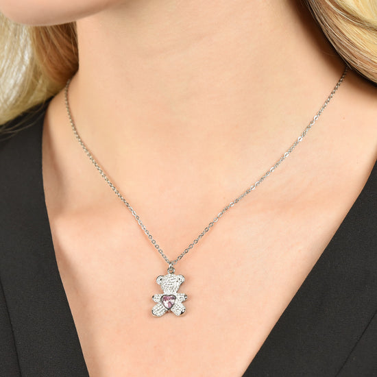COLLAR DE ACERO PARA MUJER CON OSITO DE PELUCHE CON CRISTALES ROSAS Y BLANCOS