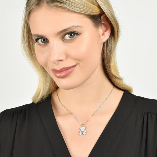 COLLAR DE ACERO PARA MUJER CON OSITO DE PELUCHE CON CRISTALES ROSAS Y BLANCOS