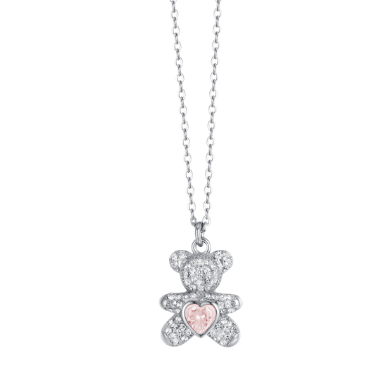 COLLAR DE ACERO PARA MUJER CON OSITO DE PELUCHE CON CRISTALES ROSAS Y BLANCOS