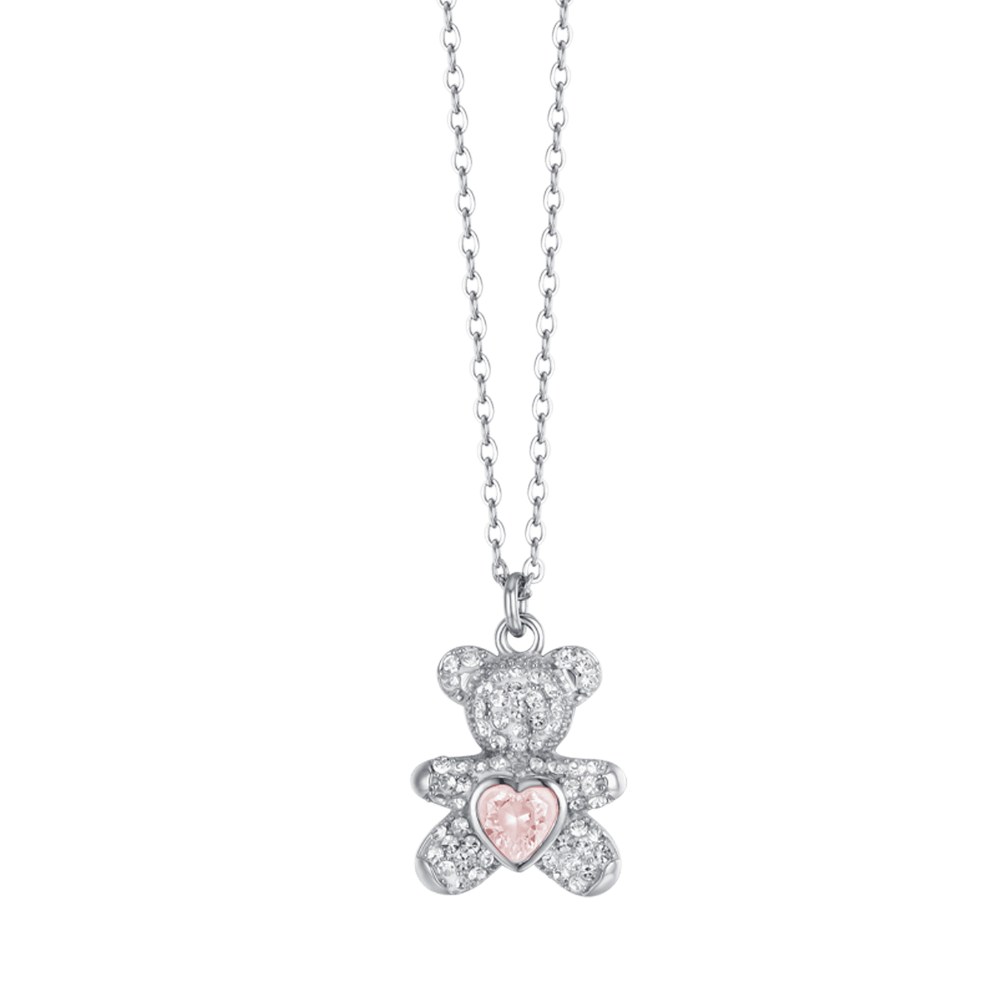 COLLAR DE ACERO PARA MUJER CON OSITO DE PELUCHE CON CRISTALES ROSAS Y BLANCOS