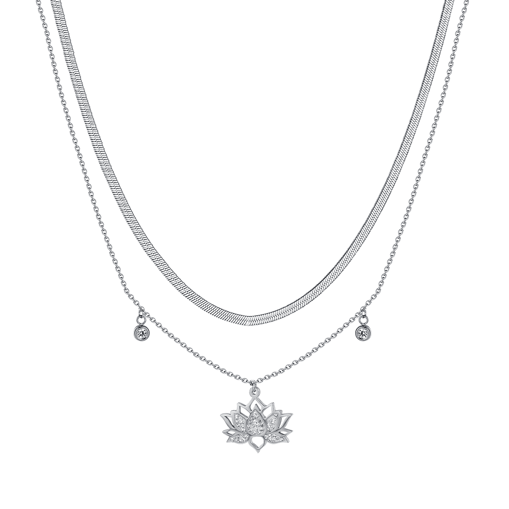 COLLAR DE ACERO PARA MUJER CON FLOR DE LOTO CON CRISTALES BLANCOS