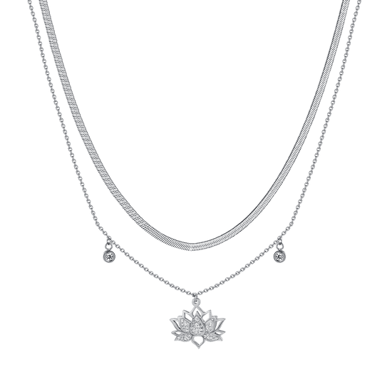 COLLAR DE ACERO PARA MUJER CON FLOR DE LOTO CON CRISTALES BLANCOS