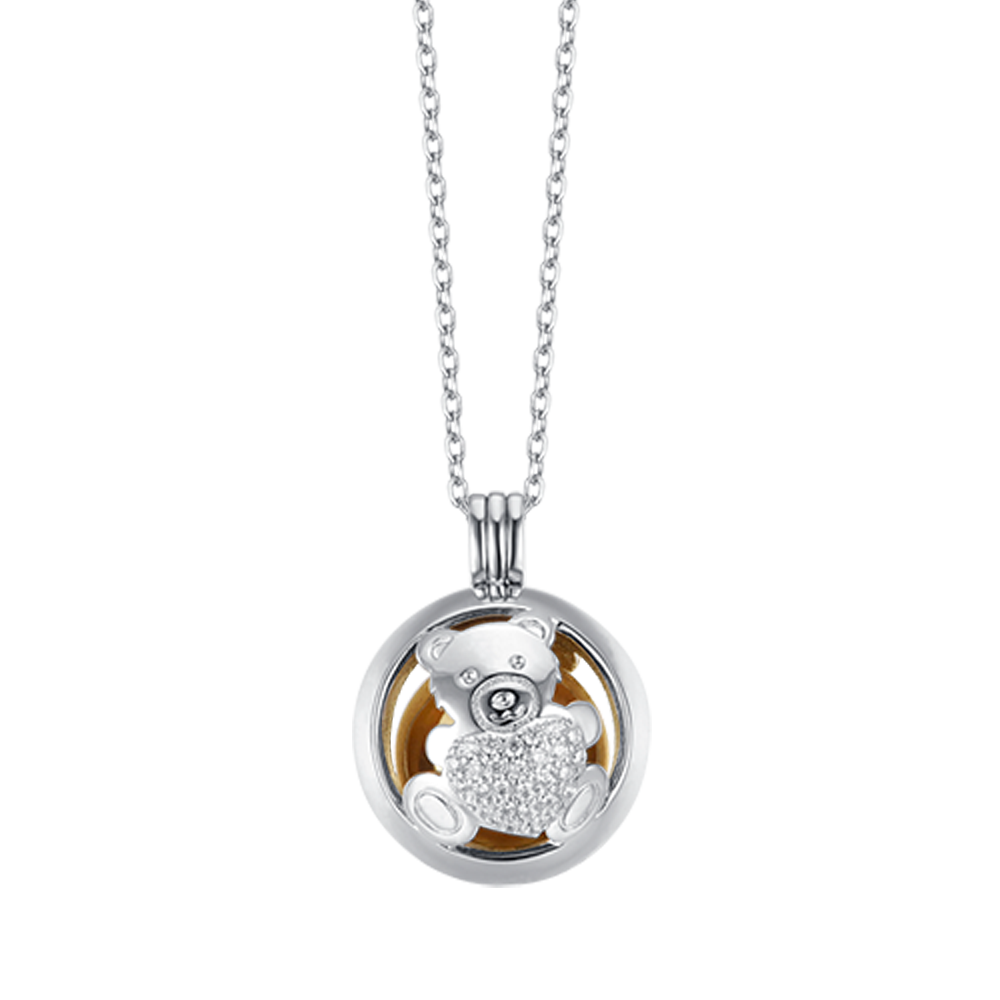 COLLAR LLAMADA ANGEL DE ACERO CON OSITO DE PELUCHE CON CRISTALES BLANCOS