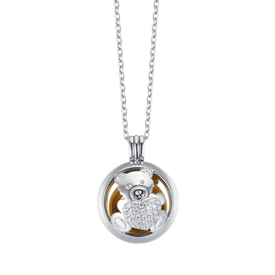COLLAR LLAMADA ANGEL DE ACERO CON OSITO DE PELUCHE CON CRISTALES BLANCOS