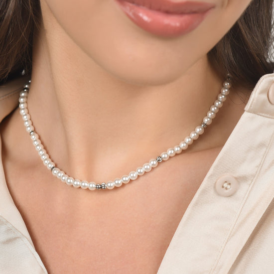 COLLAR DE ACERO PARA MUJER CON PERLAS Y ELEMENTOS DE ACERO