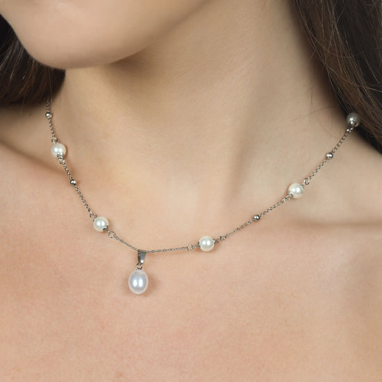 COLLAR DE ACERO PARA MUJER CON PERLAS