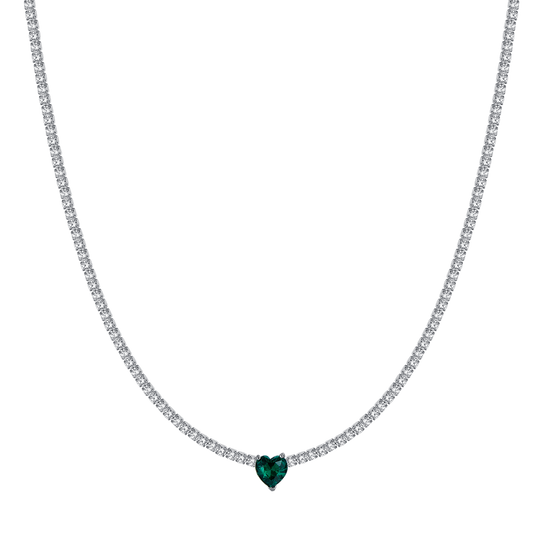 COLLAR DE TENIS DE ACERO PARA MUJER CON CRISTALES BLANCOS Y CORAZÓN DE CRISTAL VERDE