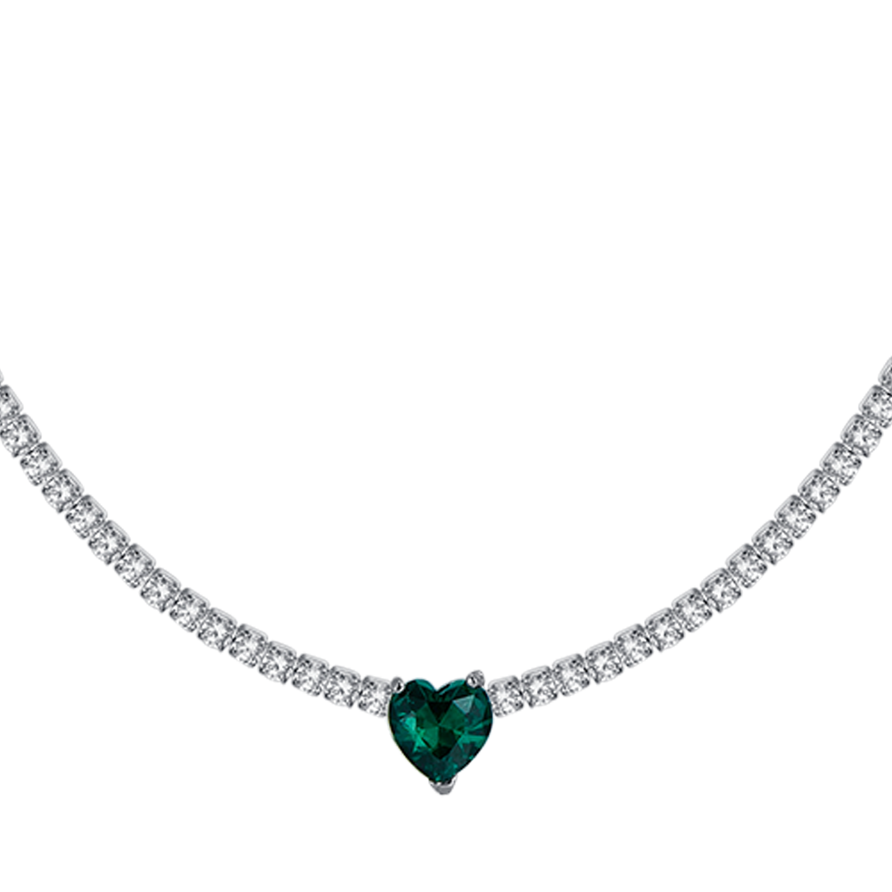 COLLAR DE TENIS DE ACERO PARA MUJER CON CRISTALES BLANCOS Y CORAZÓN DE CRISTAL VERDE
