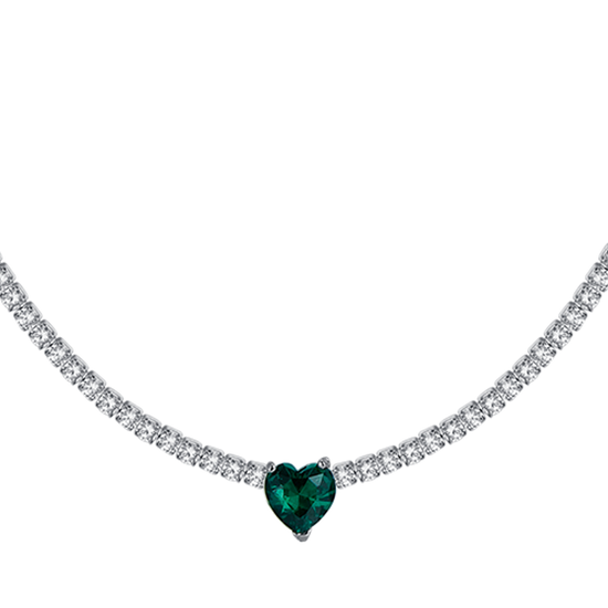 COLLAR DE TENIS DE ACERO PARA MUJER CON CRISTALES BLANCOS Y CORAZÓN DE CRISTAL VERDE