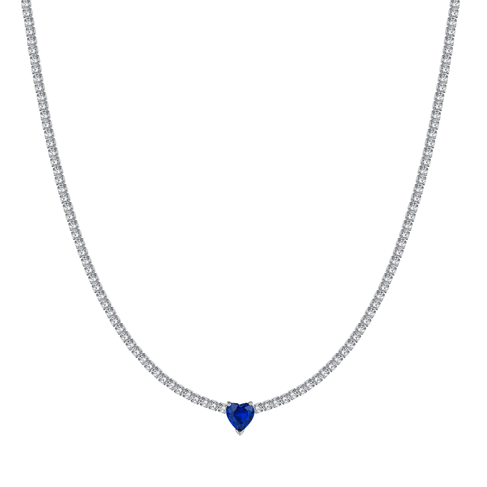 COLLAR DE TENIS DE ACERO PARA MUJER CON CRISTALES BLANCOS Y CORAZÓN DE CRISTAL AZUL