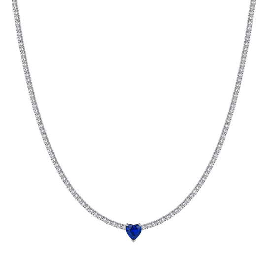 COLLAR DE TENIS DE ACERO PARA MUJER CON CRISTALES BLANCOS Y CORAZÓN DE CRISTAL AZUL