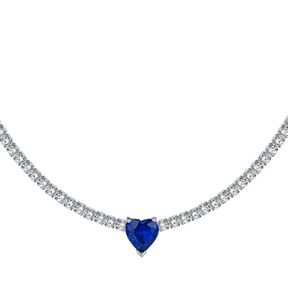 COLLAR DE TENIS DE ACERO PARA MUJER CON CRISTALES BLANCOS Y CORAZÓN DE CRISTAL AZUL