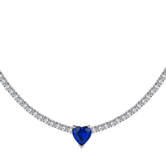 COLLAR DE TENIS DE ACERO PARA MUJER CON CRISTALES BLANCOS Y CORAZÓN DE CRISTAL AZUL