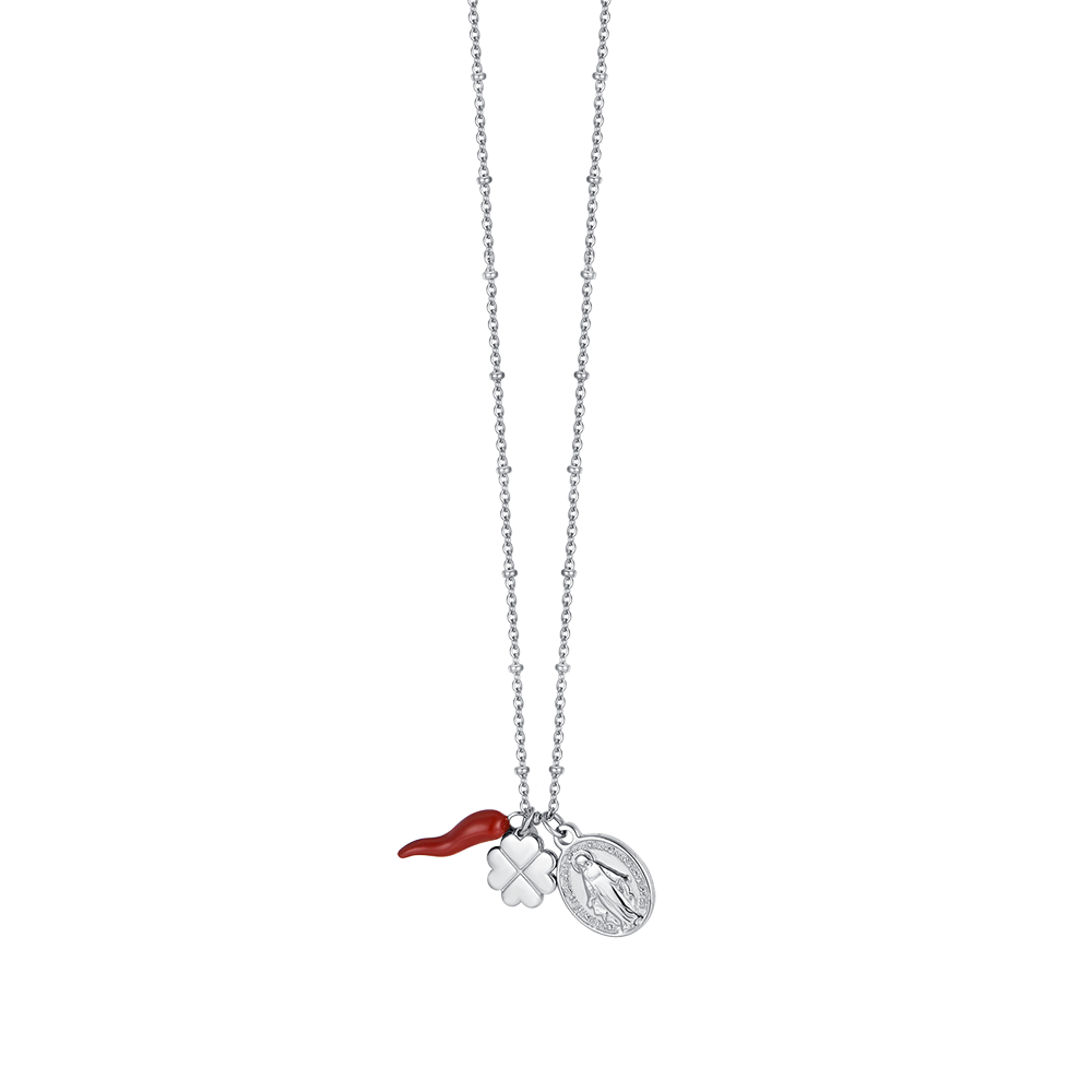 COLLAR DE ACERO PARA MUJER CON CHARM DE TRÉBOL DE CUATRO HOJAS, CUERNO Y MADONNA