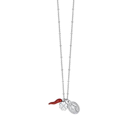 COLLAR DE ACERO PARA MUJER CON CHARM DE TRÉBOL DE CUATRO HOJAS, CUERNO Y MADONNA